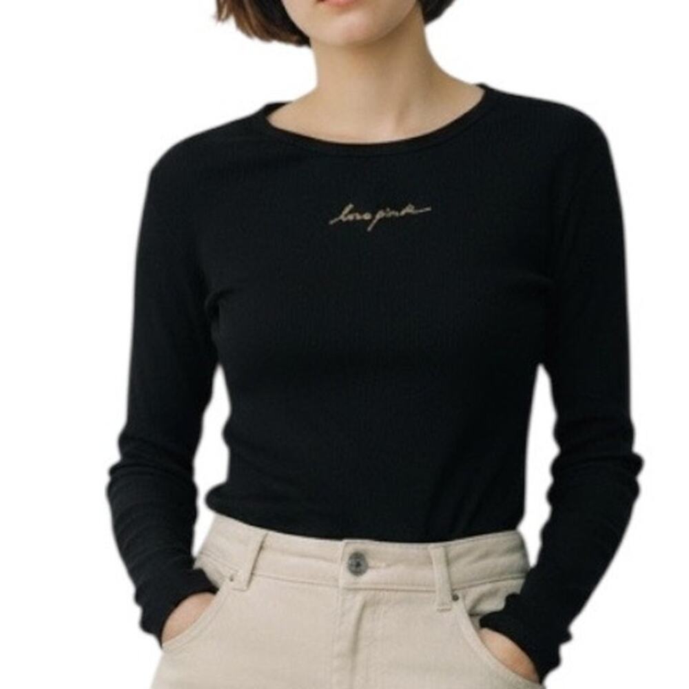 Victoria’s Secret PINK Waffle Knit Top Black Gold Logo Cozy Long Sleeve M